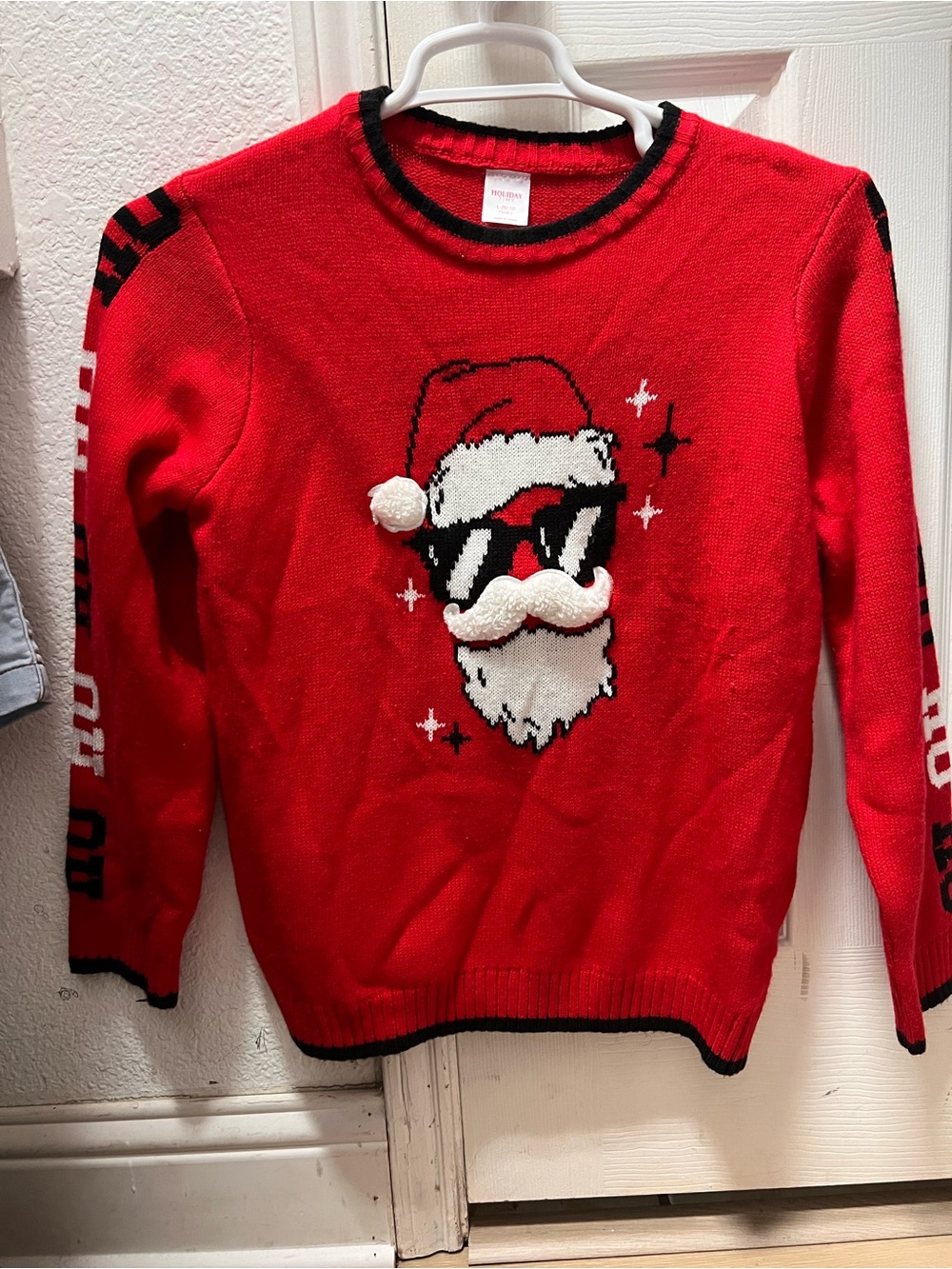 Holiday Time Red Santa Crewneck Sweater with Black Trim